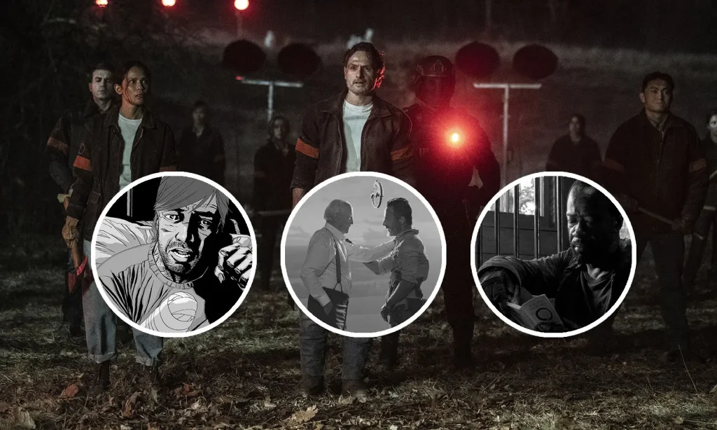 Montagem com imagem do Episódio 1 de The Walking Dead: The Ones Who Live e curiosidades/referências que foram destaques nele.