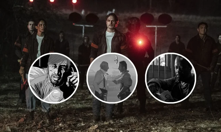 Montagem com imagem do Episódio 1 de The Walking Dead: The Ones Who Live e curiosidades/referências que foram destaques nele.