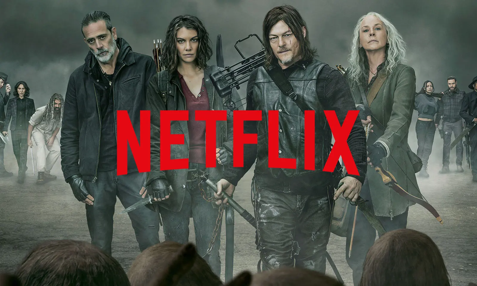 Pôster da parte 3 da 11ª temporada de The Walking Dead com Daryl, Carol, Maggie e Negan e a logo da Netflix.