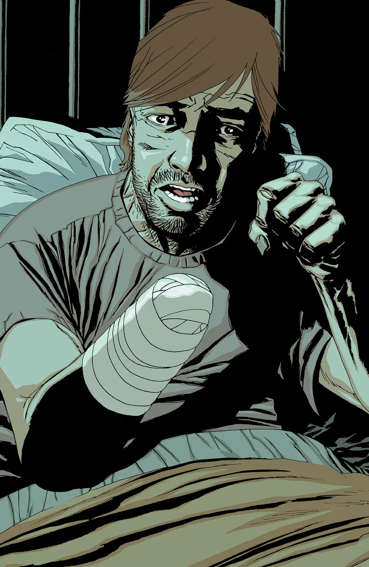 Rick observando o que aconteceu com o seu braço na edição 28 da The Walking Dead Deluxe.