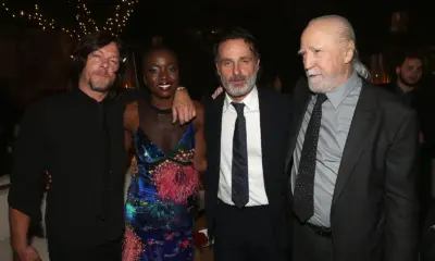 Norman Reedus, Danai Gurira, Andrew Lincoln e Scott Wilson na festa do episódio 100 de The Walking Dead.