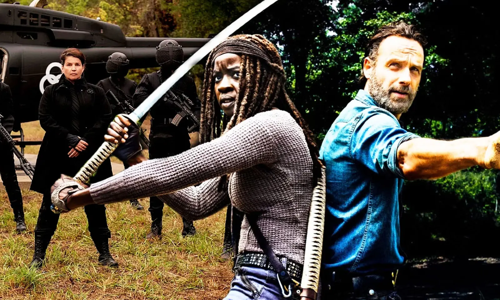 Montagem com foto de Elizabeth Kublek em The Walking Dead: World Beyond e Rick e Michonne em The Walking Dead.