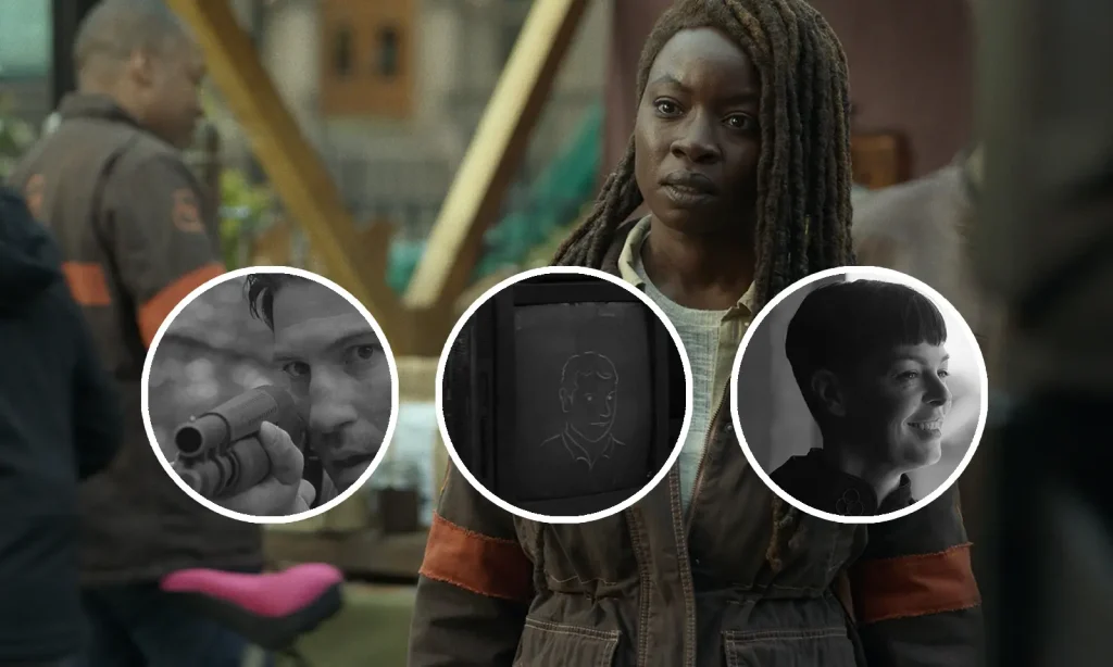 Montagem com imagem do Episódio 3 de The Walking Dead: The Ones Who Live e curiosidades/referências que foram destaques nele.