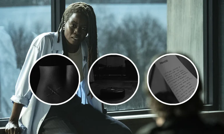 Montagem com imagem do Episódio 4 de The Walking Dead: The Ones Who Live e curiosidades/referências que foram destaques nele.