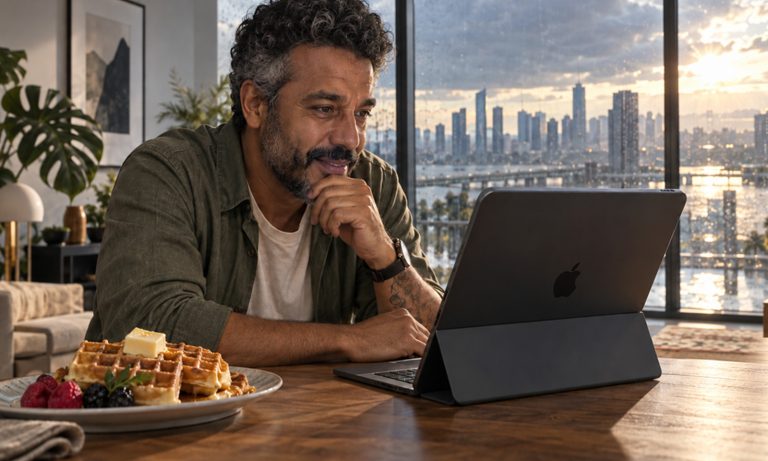 Homem usando um laptop ao lado de um prato de waffles