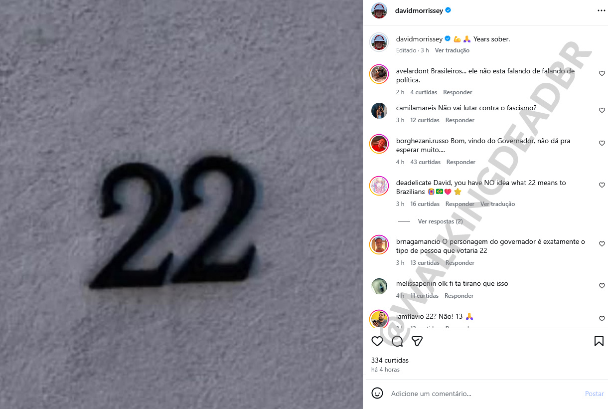 Publicação do ator David Morrissey, o Governador de The Walking Dead, no Instagram, com comentários de brasileiros.