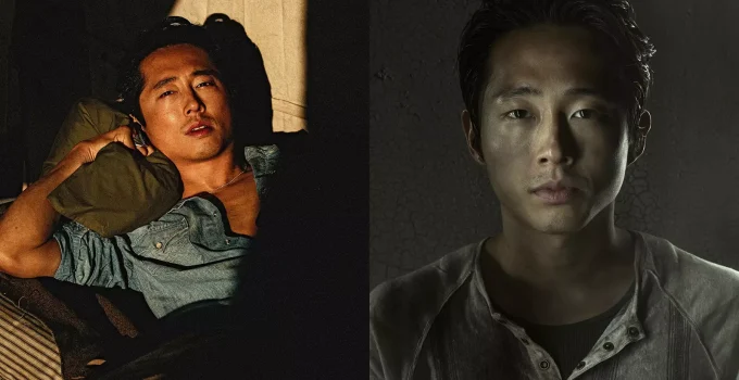 Montagem com foto de ensaio fotográfico de Steven Yeun e imagem promocional de Glenn Rhee em The Walking Dead.