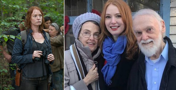 Montagem com Alicia Witt como Paula em The Walking Dead e uma foto pessoal com seus pais.