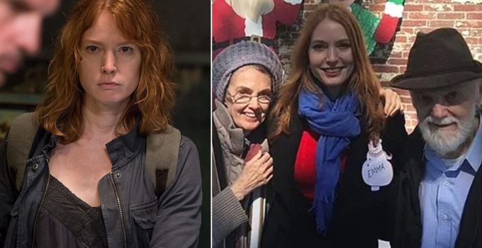 Montagem com Alicia Witt como Paula de The Walking Dead de um lado e do outro a atriz com seus pais.