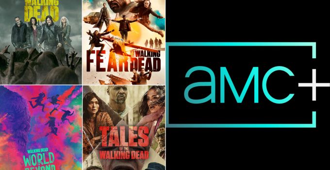 Montagem com os pôsteres das séries The Walking Dead, Fear the Walking Dead, The Walking Dead: World Beyond, Tales of The Walking Dead e a logo do streaming AMC+.