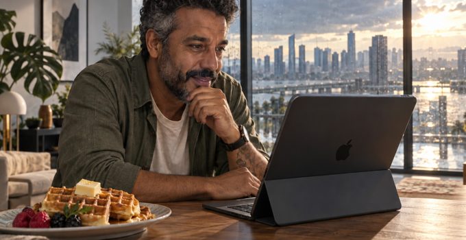Homem usando um laptop ao lado de um prato de waffles