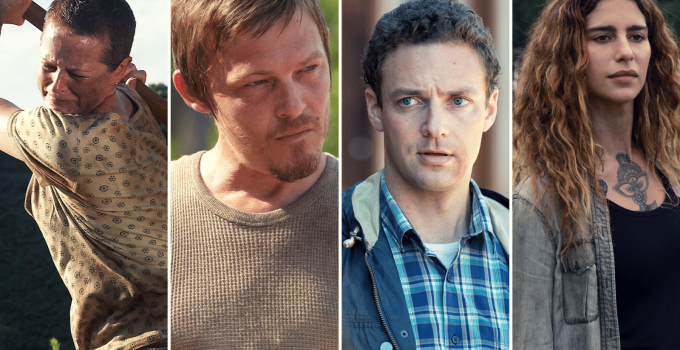 Montagem com imagens de Carol, Daryl, Aaron e Magna em suas primeiras aparições em The Walking Dead.