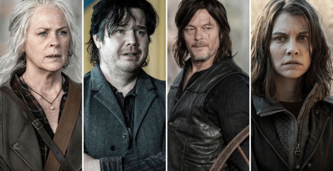 Montagem com Carol, Eugene, Daryl e Maggie em fotos dos episódios da 11ª temporada de The Walking Dead.