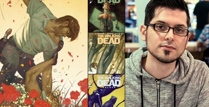 Montagem com foto de Julian Totino Tedesco e quatro de suas capas variantes da HQ de The Walking Dead.