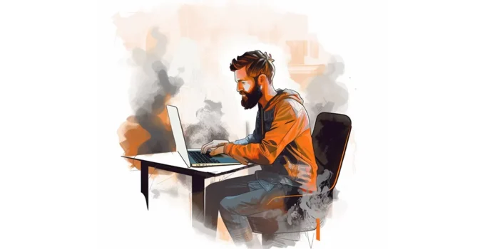 Arte de homem sentado em uma cadeira utilizando um notebook na mesa para ilustrar artigo de logotipo.