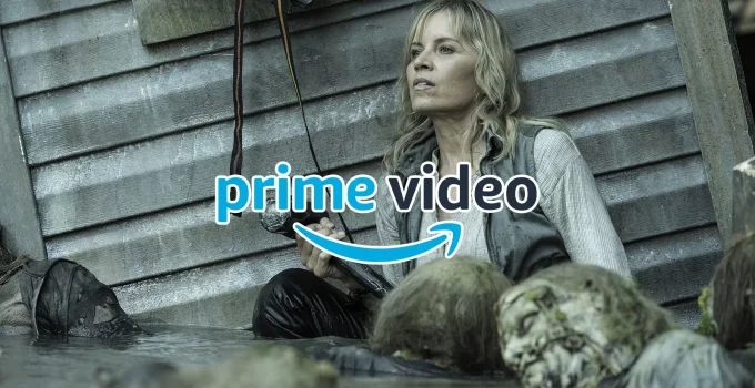 Montagem com Madison em cena do episódio 1 da 8ª temporada de Fear the Walking Dead e logo do Prime Video.