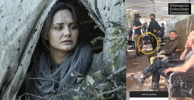 Montagem com imagem de Sherry na 8ª temporada de Fear the Walking Dead e print do Instagram com foto dos bastidores com spoiler.
