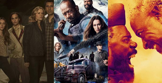 Montagem com os pôsteres das temporadas 1, 4 e 7 de Fear the Walking Dead.