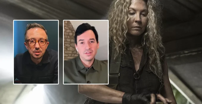 Montagem com fotos de Andrew Chambliss e Ian Goldberg e imagem de June no Episódio 2 da 8ª temporada de Fear the Walking Dead.
