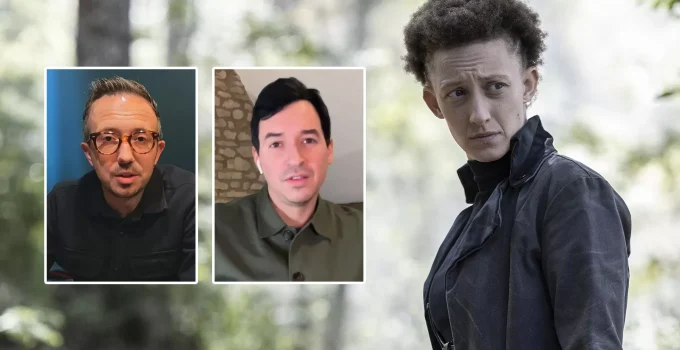 Montagem com fotos de Andrew Chambliss e Ian Goldberg e imagem de Shrike no Episódio 3 da 8ª temporada de Fear the Walking Dead.