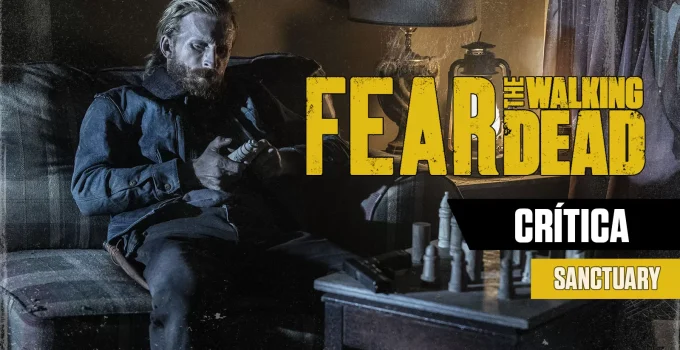 Dwight sentado em um sofá observando um objeto em cena do Episódio 9 da 8ª temporada de Fear the Walking Dead.