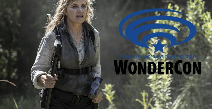 Montagem com imagem de Madison em cena da 8ª temporada de Fear the Walking Dead e a logo da WonderCon.