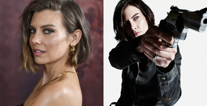 Montagem com fotos de Lauren Cohan em ensaio fotográfico e Maggie na 8ª temporada de The Walking Dead.