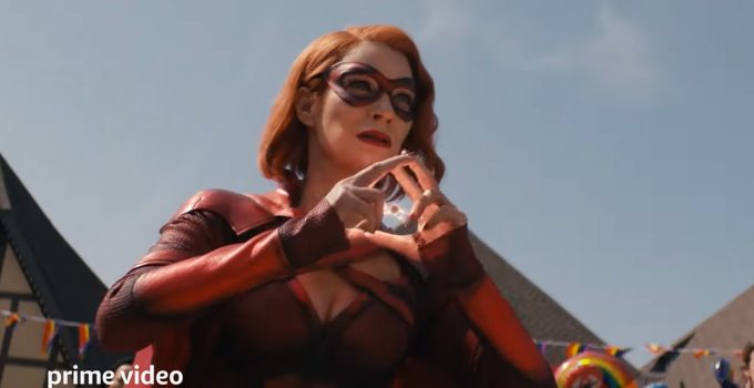 Laurie Holden como Crimson Countess soltando seus poderes no trailer da 3ª temporada de The Boys.