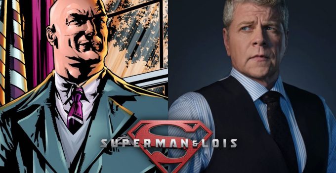 Montagem com imagem de Lex Luthor nos quadrinhos e foto de Michael Cudlitz com logo da série Superman & Lois;