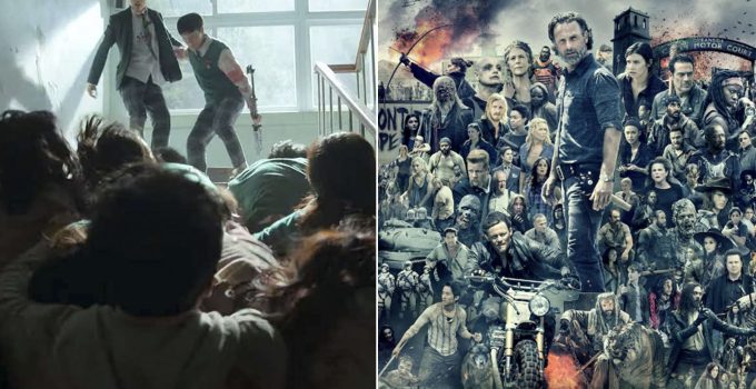 Montagem com cena de All of Us Are Dead e pôster com os personagens de The Walking Dead para ilustrar as séries de zumbis na Netflix.