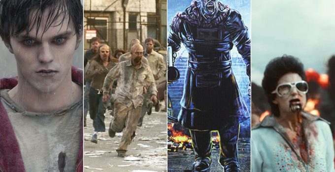 Montagem com cenas dos filmes Meu Namorado é um Zumbi, Madrugada dos Mortos, Resident Evil 2 - Apocalipse e Army of the Dead - Invasão em Las Vegas para ilustrar a lista com os filmes de zumbis da Netflix.