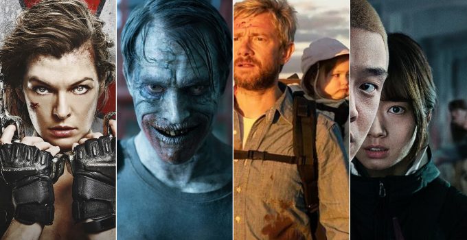 montagem com imagens dos filmes Resident Evil: O Último Capítulo, Day of the Dead: Bloodline, Cargo e #Alive