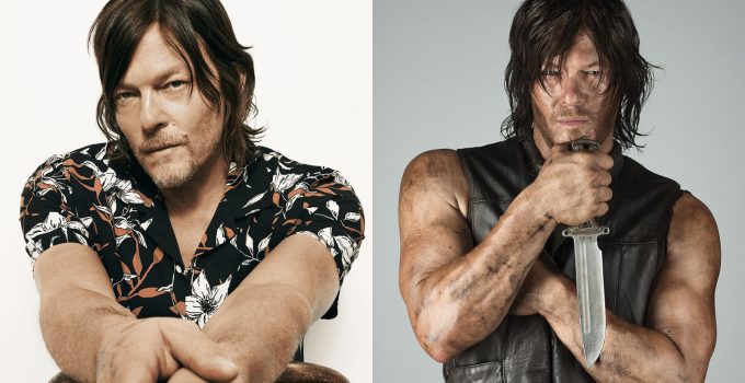 Montagem com foto de ensaio fotográfico de Norman Reedus e imagem promocional de Daryl Dixon em The Walking Dead.