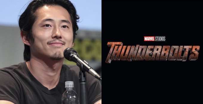Montagem com foto do Steven Yeun em um painel e a logo do filme Thunderbolts, da Marvel Studios.