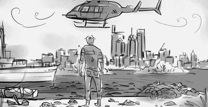 Storyboards mostrando a cena de Rick sendo encurralado pelo helicóptero da CRM no episódio final de The Walking Dead.