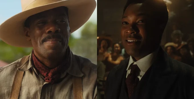 Montagem com cenas de Colman Domingo e Corey Hawkins no filme-musical The Color Purple (A Cor Púrpura).