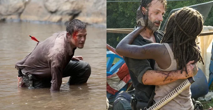 Montagem com Daryl machucado em cena do episódio Chupacabra da 2ª temporada de The Walking Dead e Rick e Michonne abraçados em cena do episódio Say Yes da 7ª temporada de The Walking Dead.