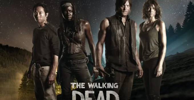 Montagem com Glenn, Michonne, Daryl e Maggie com logo de The Walking Dead.