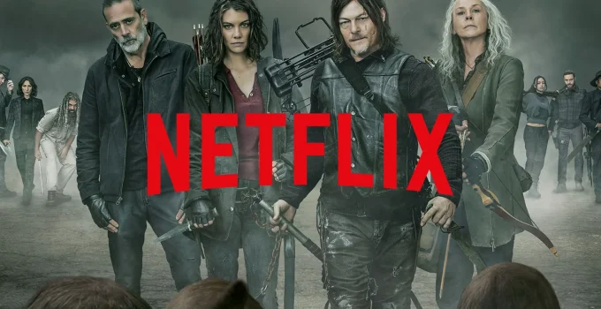 Pôster da parte 3 da 11ª temporada de The Walking Dead com Daryl, Carol, Maggie e Negan e a logo da Netflix.