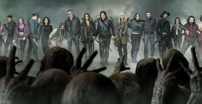 Personagens principais prontos para o combate enquanto zumbis aparecem de fundo no pôster da última temporada de The Walking Dead.