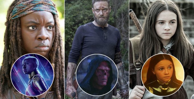 Montagem com os personagens de Danai Gurira, Ross Marquand e Cailey Fleming em The Walking Dead e na Marvel.