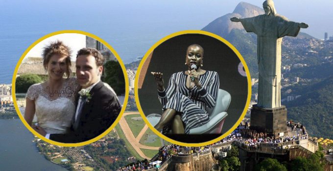 Montagem com fotos do Cristo Redentor (Rio de Janeiro) e dos atores de The Walking Dead, Andrew Lincoln (Rick Grimes) e Danai Gurira (Michonne).