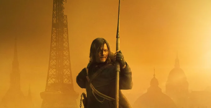 Daryl segurando sua arma com a Torre Eiffel de fundo no pôster de The Walking Dead: Daryl Dixon.