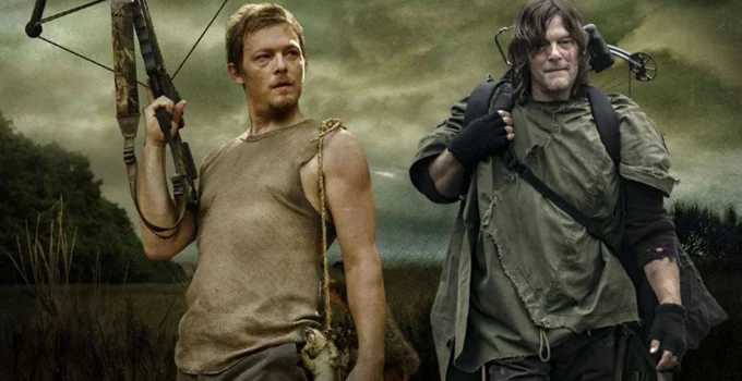 Montagem com fotos de Daryl Dixon na 1ª temporada e na 11ª temporada de The Walking Dead.