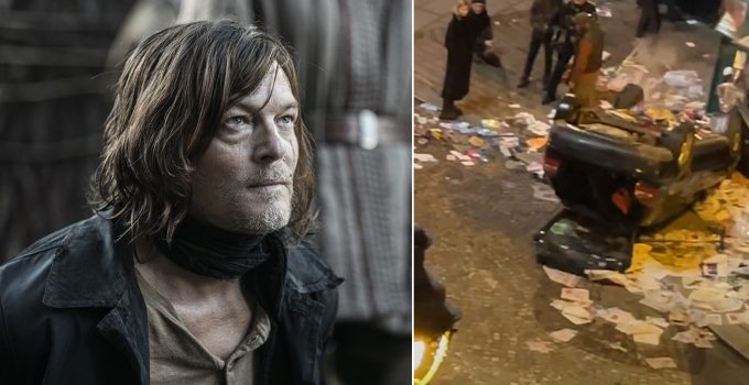 Montagem com imagem promocional de Daryl Dixon e cena sendo gravada em Paris para o spin-off The Walking Dead: Daryl Dixon.