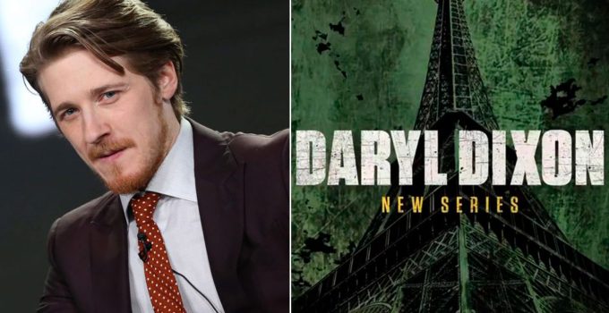 Montagem do ator Adam Nagaitis em evento e a logo de divulgação do spin-off The Walking Dead: Daryl Dixon.