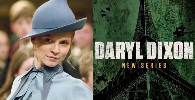 Montagem da atriz Clémence Poésy como Fleur Delacour em Harry Potter e a logo de divulgação do spin-off The Walking Dead: Daryl Dixon.