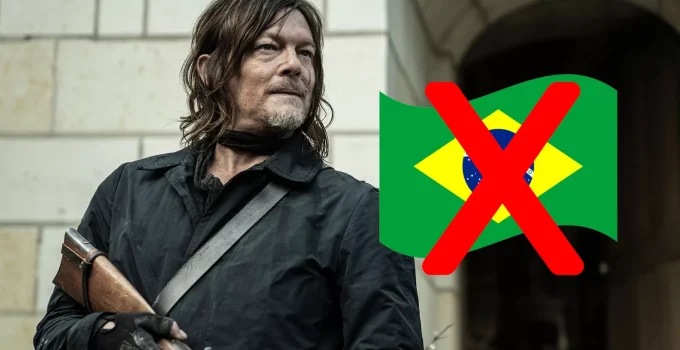 Montagem com imagem de Daryl em episódio de The Walking Dead: Daryl Dixon e bandeira do Brasil com um x vermelho.