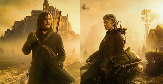 Daryl no Nest e Carol sentada em uma moto no pôster oficial de The Walking Dead: Daryl Dixon - The Book of Carol.