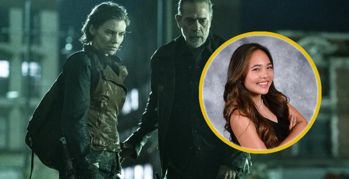Montagem com imagem de Maggie e Negan em The Walking Dead: Dead City e foto da atriz Mahina Napoleon.